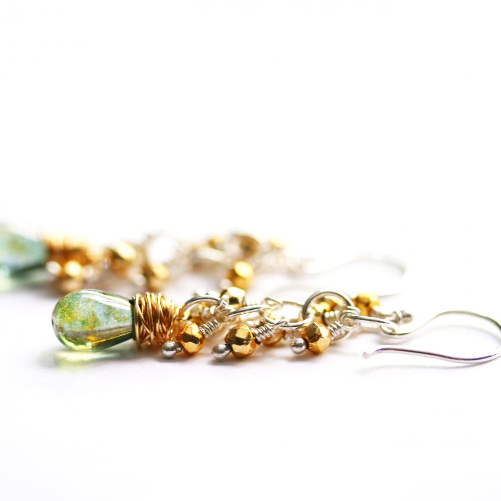 Long Dangle Earrings In Sterling Silver And Gold Filled With Pyrite And Green Czech Glass Beads