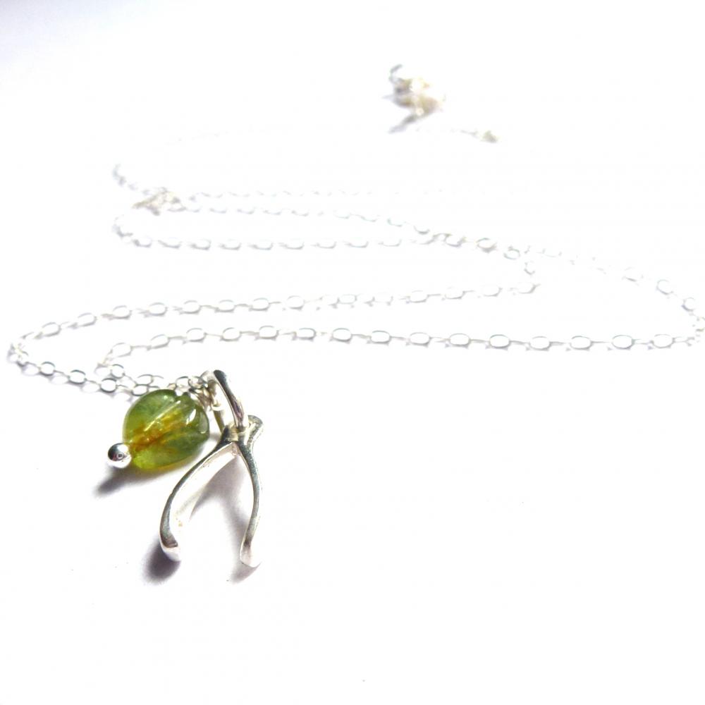 Wishbone Necklace In Sterling Silver With Green Tourmaline Heart Bead